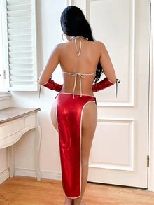 Fantasy Costume Fantasy Costume 3pcs Halloween Chun-Li Samurai Cosplay Cross PU Patchwork Slit Lingerie + Skirt + Panty Women's Costume - Red - View 2