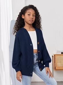 SHEIN 青少年女孩純色休閒百搭日常穿搭開襟衫 - 藍色 - 查看 4