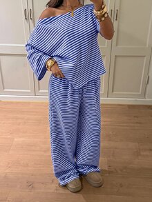 Siren Gaze 女款不對稱肩條紋上衣與長褲休閒日常兩件套 - 寶藍色 - 查看 3