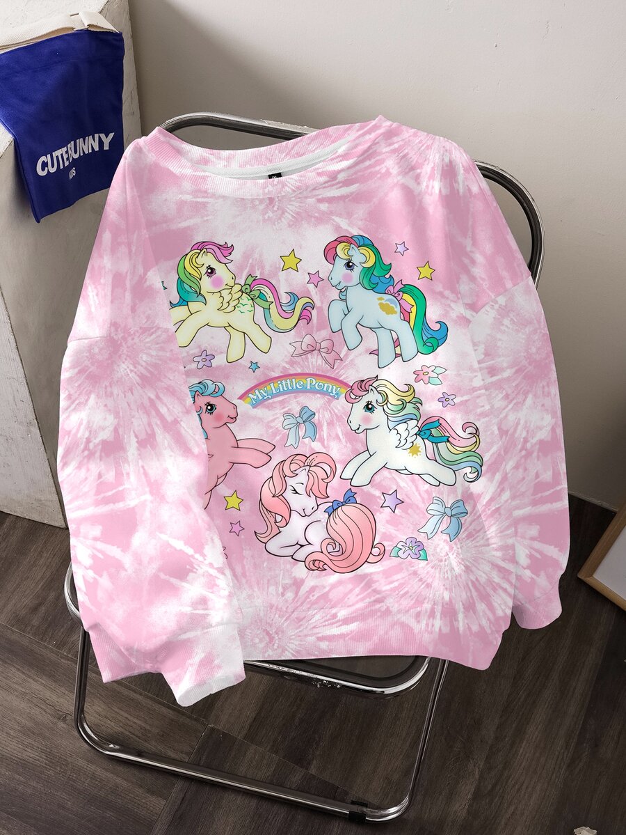 My Little Pony X SHEIN بلوزة رياضية كاجوال يومية بطبعة كرتونية وياقة دائرية للنساء مقاسات كبيرة - أبيض - مشاهدة 1
