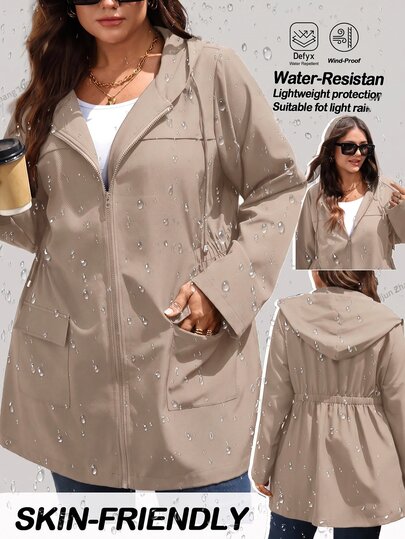 EMERY ROSE Casaco Trench com Capuz Leve Preto para Mulher Plus Size, Casual de Outono, com Cintura Marcada e Bolsos