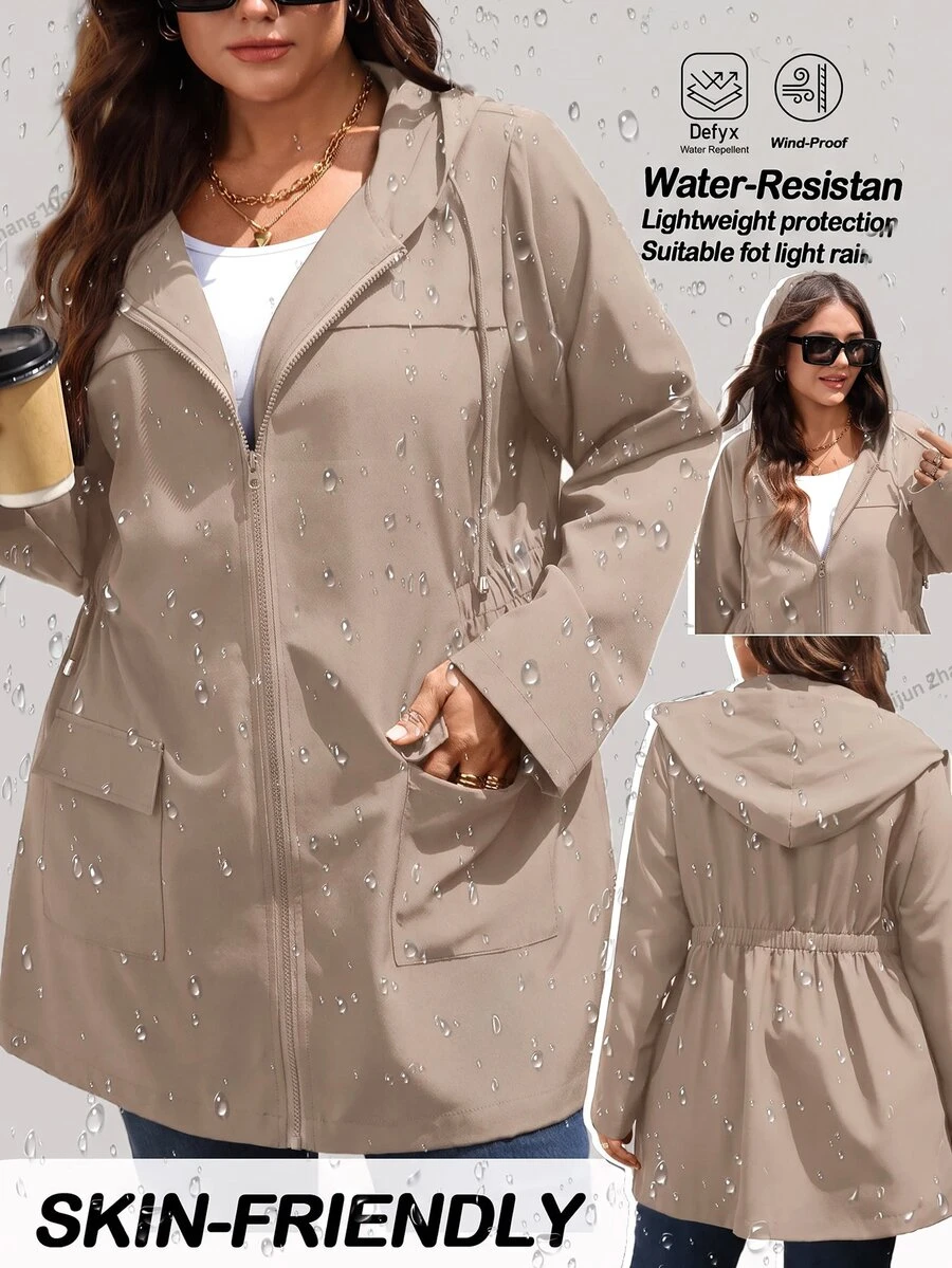EMERY ROSE Plus Size Women's Autumn Casual Cinched Waist Black Lightweight Hooded Trench Coat With Pockets Fall - Khaki - View 1