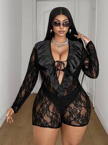 Maweii Plus Size New Lace Sexy Fitted Ruffle Trim Romper Shorts Fall - Black - View 4