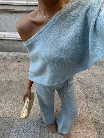 TRNVIE Women's Blue Casual Versatile Daily Home Commute Outfit Shawl Cape Fashion Versatile Sweater 2 Pieces Set