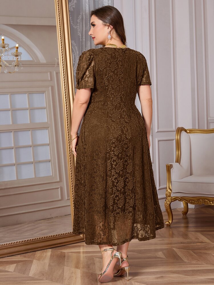 SHEIN Clasi Plus Size Women's Square Neck Fashion Party Dress - Coffee Brown - View 4