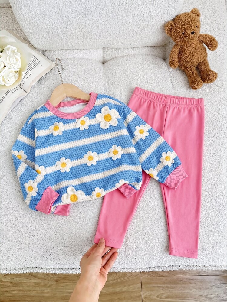 SHEIN Baby Girl Daisy Striped Crew Neck Long Sleeve Sweatshirt And Leggings Casual Set - Blue - View 1