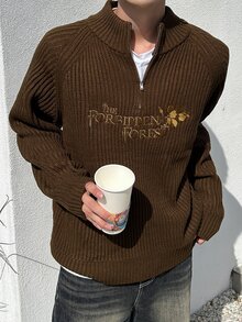 DAZY Men's Embroidered Street Vintage Zip Half-Placket Sweater - Brown - View 5