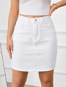 SHEIN Tall Women's Casual Daily Denim Mini Skirt With Pockets And Buttons - White - View 3