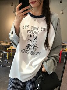 DAZY Women's Round Neck Long Sleeve Color Block Korean Style Girly Aesthetic T-Shirt Oversized Tshirts For Women Fall - Grey - View 2