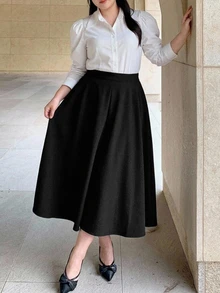 Dazy Plus Solid Color Fun Commuter Office Formal Wear Versatile A-Line Mid-Length Elegant Business Casual Skirt Black Fall - Black - View 2