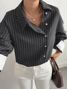 Livesso Autumn Spring Loose Business Casual Style 2 In 1 Color Block Patchwork Fine Stripe Design Asymmetric Placket Fashion Street Commute Elegant Women's Blouse - Grey - View 3