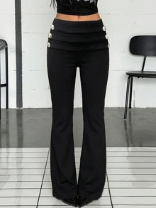 Jeanoix Y2K Street Punk Napoleon Vintage Metal Buckle Decor Versatile Slim Fit Flare Leg Women's Long Pants - Black - View 1