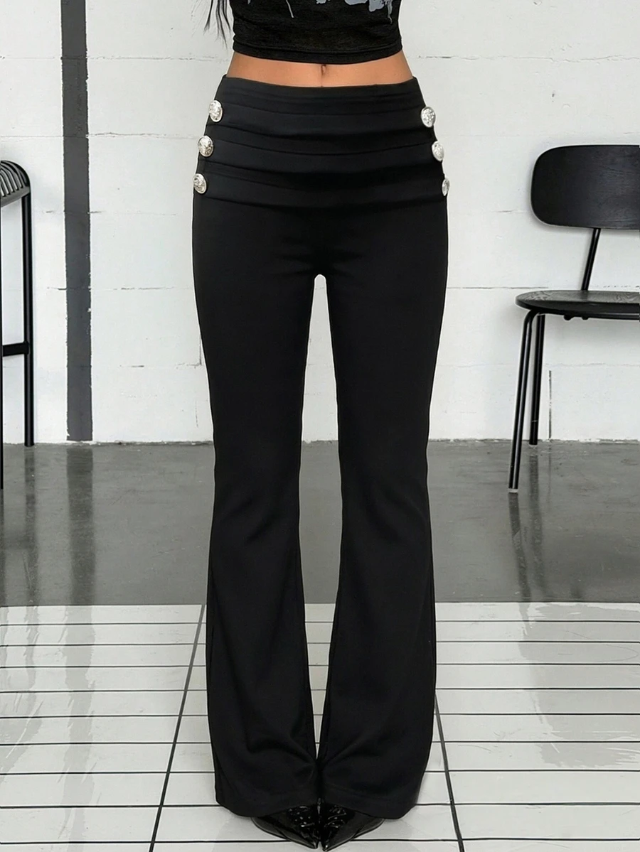 Jeanoix Y2K Street Punk Napoleon Vintage Metal Buckle Decor Versatile Slim Fit Flare Leg Women's Long Pants - Black - View 1