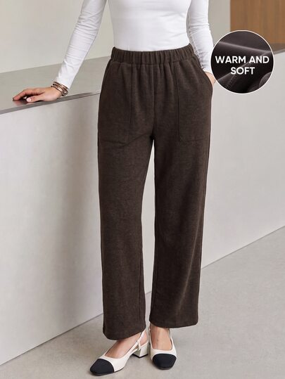 Yumoku Women's Solid Color Elastic Waist Pocket Casual Basic Wool Trousers Everyday Home Dark Brown Autumn