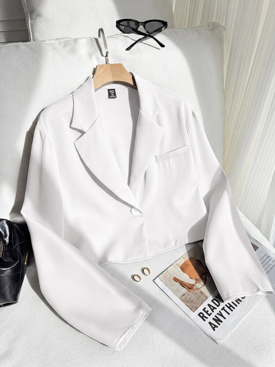 SHEIN EZwear Plus Size Casual Versatile White Cropped Thin Blazer Fall - White - View 1