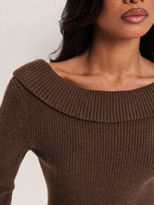 SHEIN BAE Autumn/Winter New Vintage Maillard Style Folded Collar Back Large U-Shaped Open Back Metal Buckle Design Ribbed High Waist Cinched Long Sleeve Women's Sweater - Coffee Brown - View 6