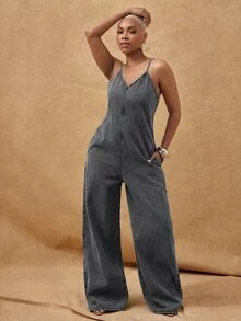 Vixey Adjustable Cami Strap Wide Leg Denim Jumpsuit With Pockets - Black - View 4