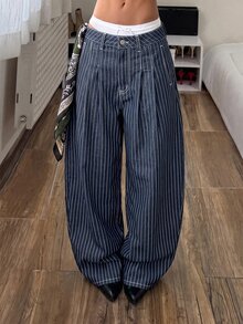 StreetHx Celana Jeans Denim Lipit Pinggang Rendah Super Lebar Gaya Jalanan Kasual Modis - Dark Wash - View 5