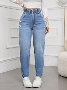 SHEIN Tall 女款破洞設計休閒日常牛仔褲 - 淺色水洗藍 - 查看 3