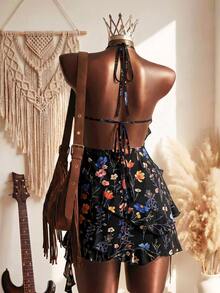 SHEIN Raffinéa 女款花卉印花休閒日常夏季旅行掛脖洋裝 - 彩色 - 查看 2