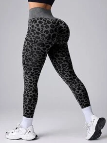 Slayform Leopard Print Mid-High Waist Casual Sports Seamless Leggings - Dark Grey - View 7