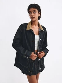 ATUI Studio Women's Single-Breasted Long Sleeve Jacket And Mini Skirt Fashion Denim Set - Navy Blue - View 4
