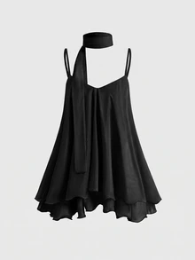 ROMWE Avant Sexy Romantic Chiffon Flowy Ribbon Ruffle Hem Cami Short Dress For Women - Black - View 1