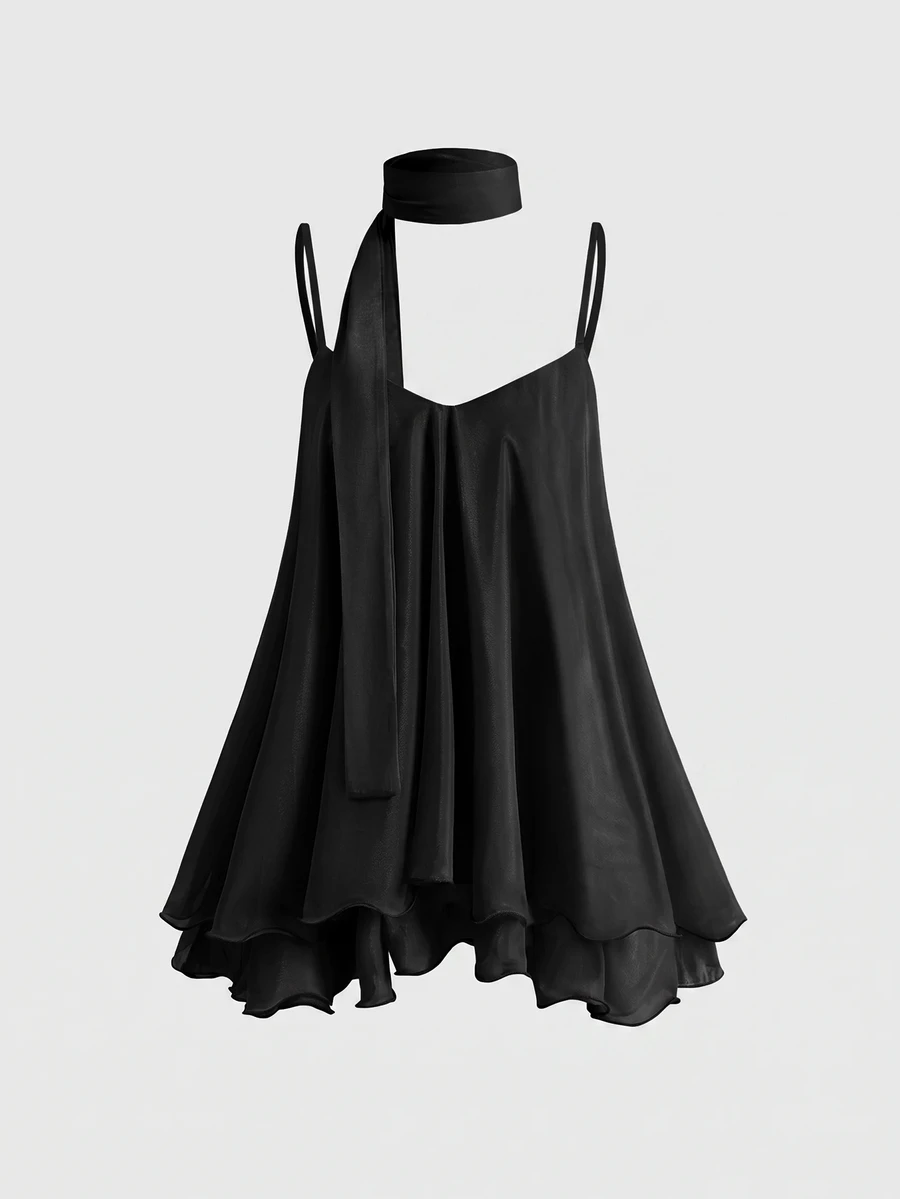 ROMWE Avant Sexy Romantic Chiffon Flowy Ribbon Ruffle Hem Cami Short Dress For Women - Black - View 1