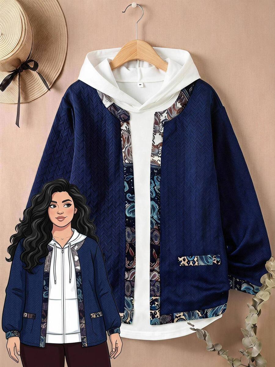 Rusticease Plus Size Vacation Casual Printed Patchwork Jacket - Multicolor - View 1