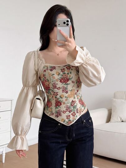 Modelyn Blouse pour femmes style peinture à l'huile vintage française, taille cintrée, bandeau, manches longues bouffantes, dentelle contrastée, automne/hiver, vacances