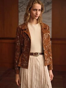 MOTF PREMIUM WOMEN'S PAISLEY EMBROIDERED SINGLE-BREASTED JACKET - Brown - View 5