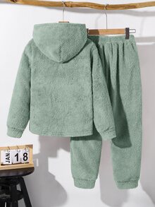 SHEIN Little Byeori 2件組男童冬季休閒返校穿搭套裝，包含抓絨半拉鍊連帽衛衣與寬鬆慢跑長褲，秋季加厚保暖校園套裝 - 綠色 - 查看 2