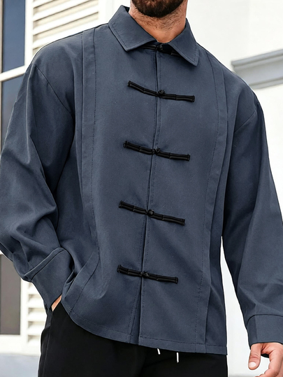 Manfinity Homme قميص رجالي كاجوال خريفي مقاس كبير بأزرار على شكل ضفدع