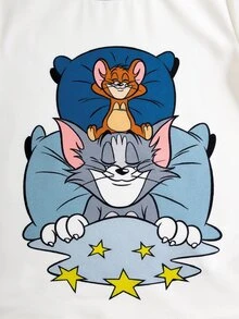 TOM & JERRY X SHEIN Young Boy Cartoon Print Short Sleeve T-Shirt And Shorts Loungewear Set - White - View 4