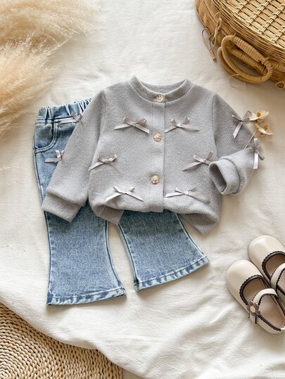 Vintaside Kids Baby Girls Cute 2 Pieces Set, Bow-Decorated Button Knit Cardigan With Washed Denim Flare Pants, Fashion Casual Autumn Outfit