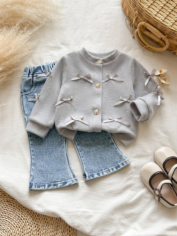 Vintaside Kids Baby Girls Cute 2 Pieces Set, Bow-Decorated Button Knit Cardigan With Washed Denim Flare Pants, Fashion Casual Autumn Outfit
