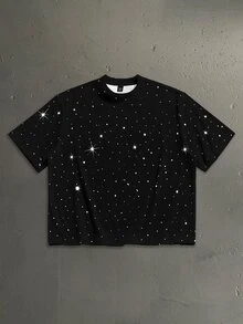 StoneGrade 仿水鑽亮面星空美式復古彎曲字體排版時尚全印花男士黑色大尺碼落肩寬鬆短袖T恤 - 黑色 - 查看 3