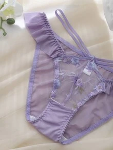 DelicateAllure Purple Ruffle Trim Embroidered Patchwork Mesh Pure Romantic Women's Triangle Panties - Purple - View 3