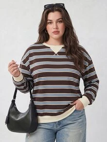Solavibe Women's Plus Size Striped Colorblock Casual Versatile Daily Wear Long Sleeve Sweatshirt Fall - Multicolor - View 4