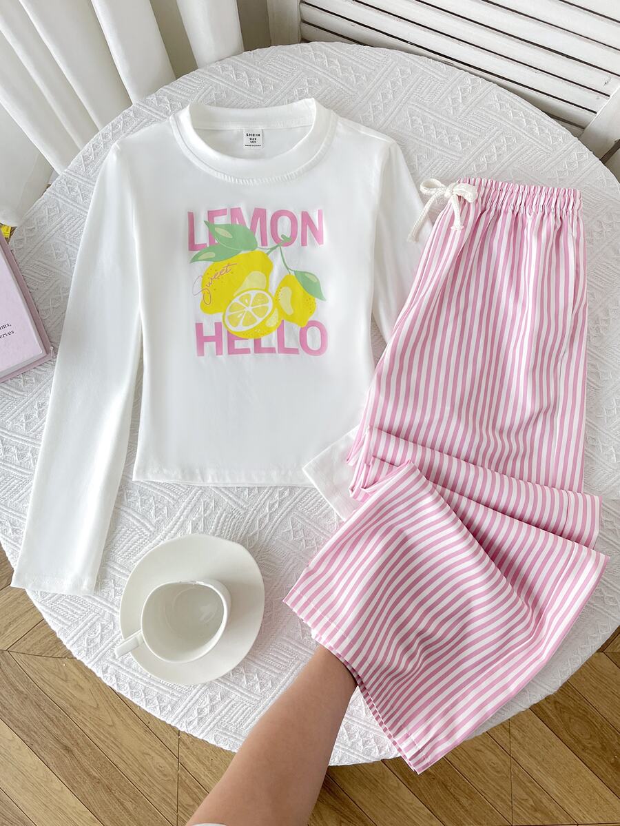 SHEIN 青少年女孩秋冬休閒兩件套,圓領長袖字母與檸檬印花修身上衣搭配條紋印花長褲,日常穿著 - 粉色 - 查看 1