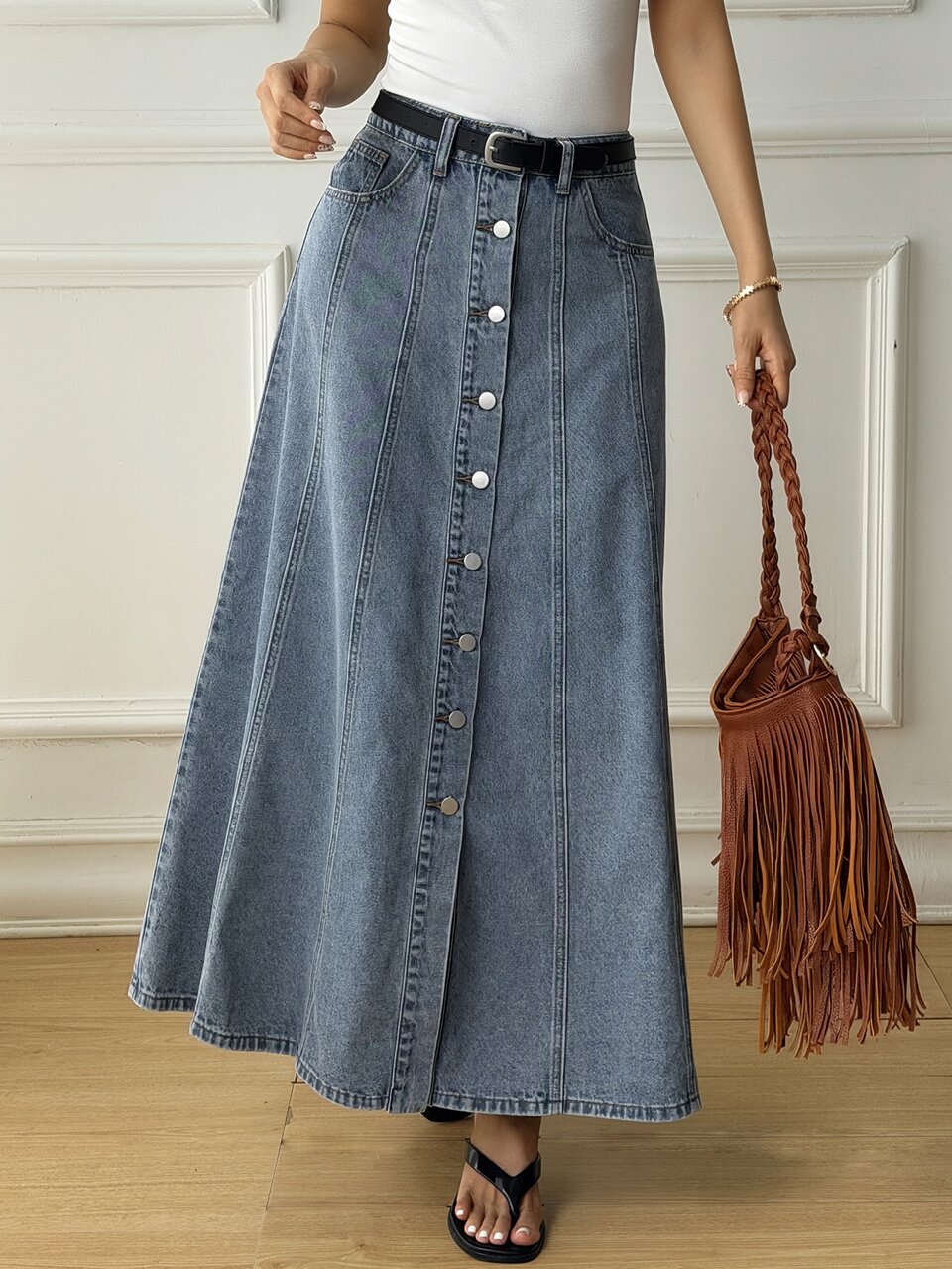 Women's Casual Single-Breasted Long Denim Skirt