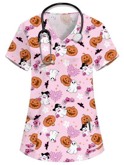 PopScrub Halloween V-Neck Short Sleeve Double Pocket Cute Ghost Pumpkin Cartoon Print Design Nurse, Lab, Doctor Work Uniform, Multi-Pocket Functional Holiday Outfit, Halloween Women's Top, Trick Or Treat, Halloween Party, Halloween Decoration, Spooky, Cute