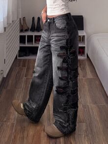 StreetHx Women's Fashion Casual Grunge Streetwear Distressed Vintage Retro Straight Leg Jeans Music Rave Dark Grey Going Out Fall - Grey - View 1