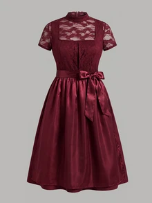 Fairmaia German Traditional Plus Size Women's Lace Patchwork Dress - Burgundy - View 5