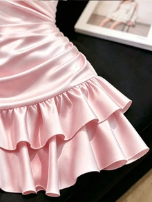 SHEIN Franclia 女款純色百褶細肩帶洋裝，適合約會與派對 - 粉色 - 查看 5