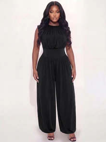Poshavie Poshavie Plus Size Women's Fashion Ruched Jumpsuit, Elastic Fabric Waist-Cinched Slimming Design, Versatile For Party, Outing, Photography And Travel - Black - View 5