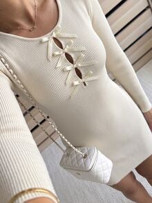 FavEase Women's Autumn/Winter Casual Youth Ribbed Bow Knit Dress - Apricot - View 6