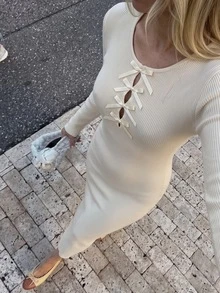 FavEase Women's Autumn/Winter Casual Youth Ribbed Bow Knit Dress - Apricot - View 4