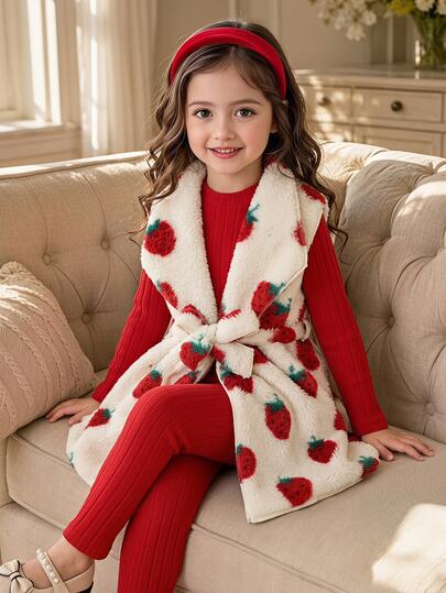 Sparklyn Young Girl Strawberry Pattern Jacket, Long Sleeve Top And Long Pants Set