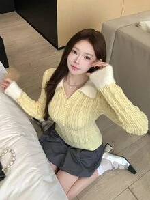 DAZY Women's Contrast Color Lapel Long Sleeve Button Half-Placket Casual Sweater Fall - Yellow - View 3